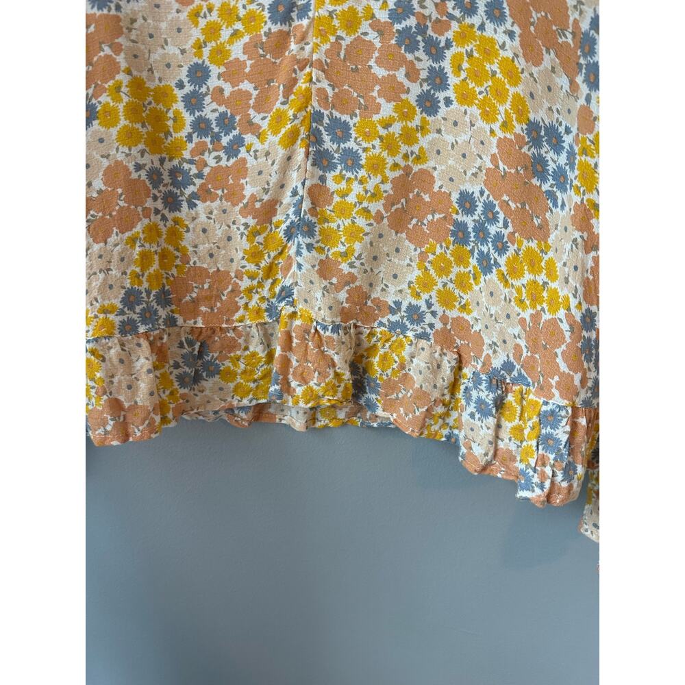 Lucky Brand Yellow/Orange Floral Daisy Print LS V Neck Ruffle Peasant Top Large - Picture 2 of 9
